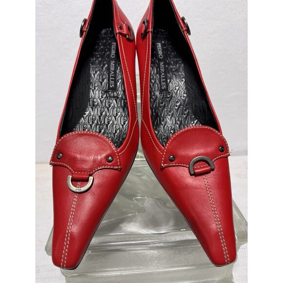 Red Leather Buckle Pumps Pedro Miralles Spain Size 9 Pointed Toe Designer - Picture 3 of 7